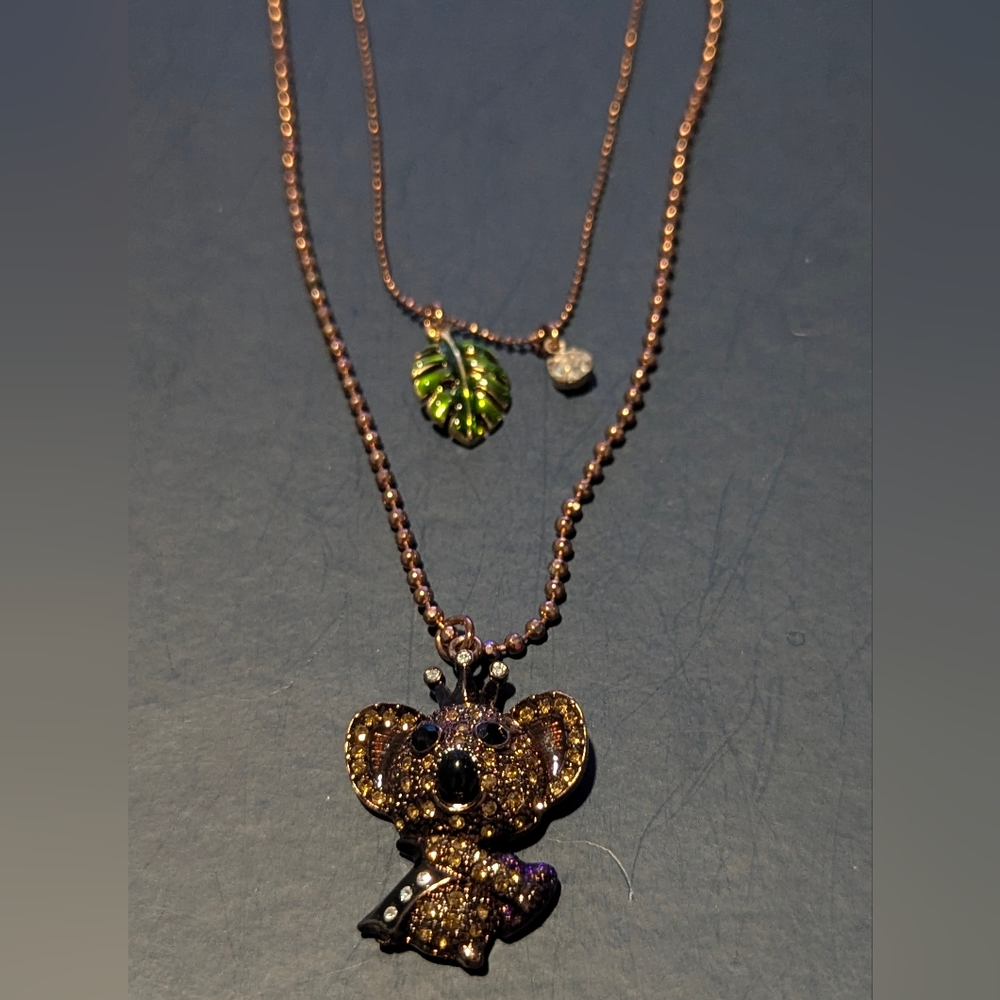 Betsey Johnson Glittering Koala Necklace with Green Leaf Charm